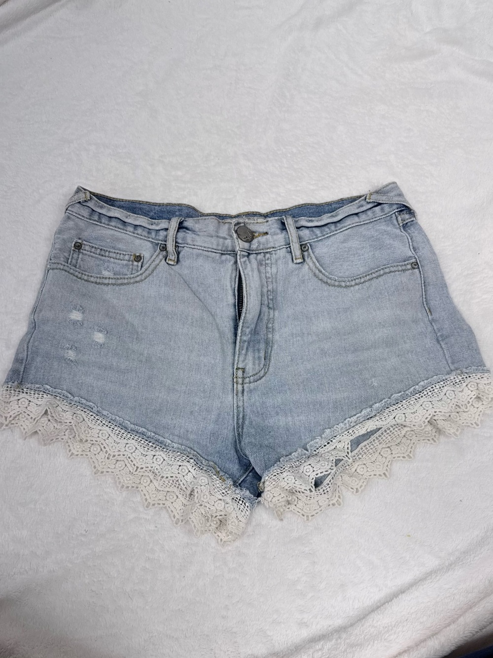 Free People Light Blue Denim Shorts with Cream Lace Trim